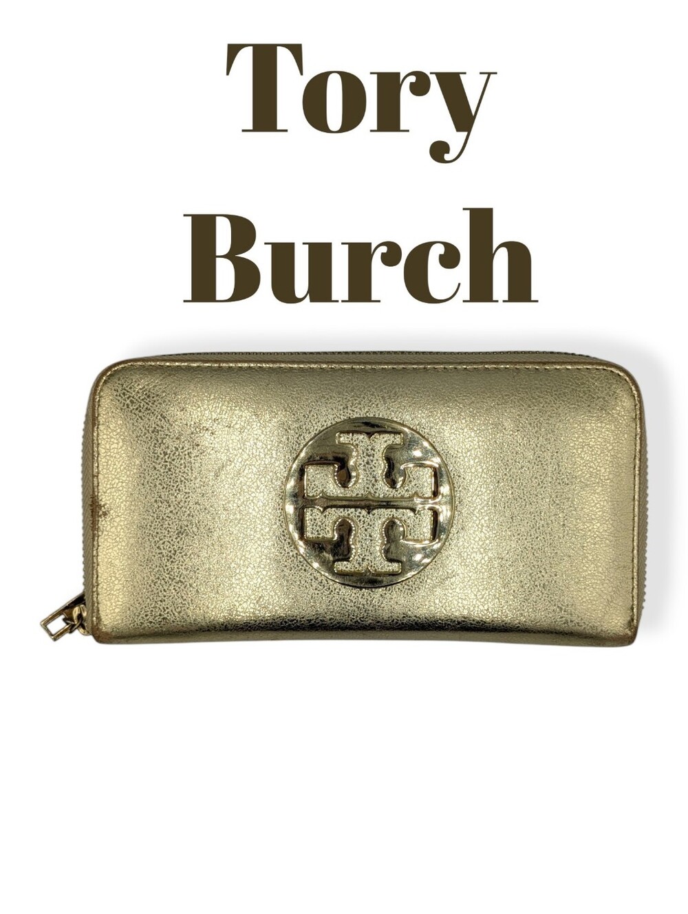 Tory Burch Wallet Large Logo Golden Metallic Leather Zip Around Continental Long